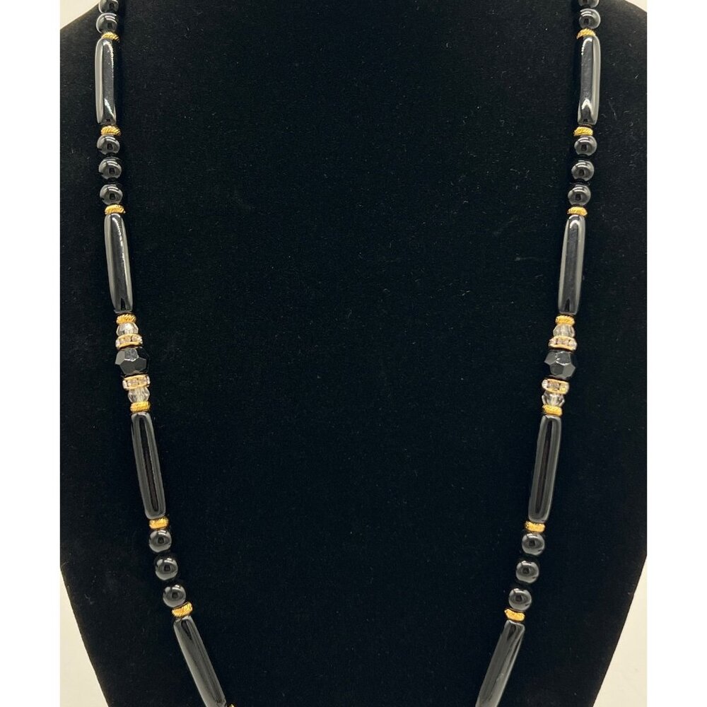 Black & Gold Beaded Necklace With Cylinder & Round Beads 30 Inches Fashion Jewel